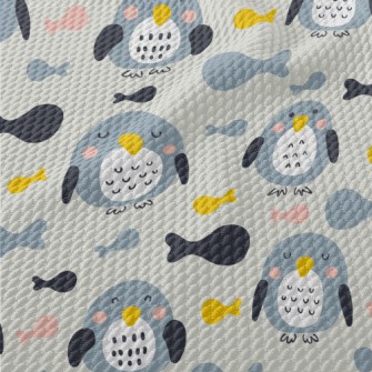 Hand Drawn Penguin And Colorfu Birdseye Piqué